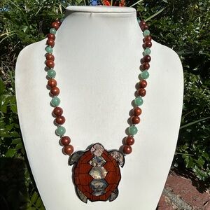 Lee Sands Turtle Abalone Pendant Necklace with Brown and Green Beads